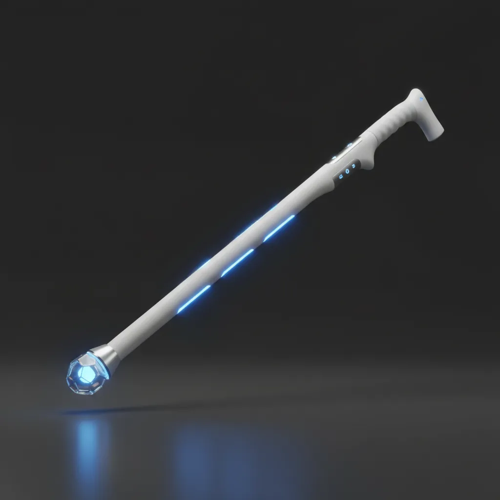 Render tridimensional del bastón inteligente Orisen: un bastón blanco con guías de luz azules a lo largo del cuerpo y un sensor esférico luminoso en la punta.