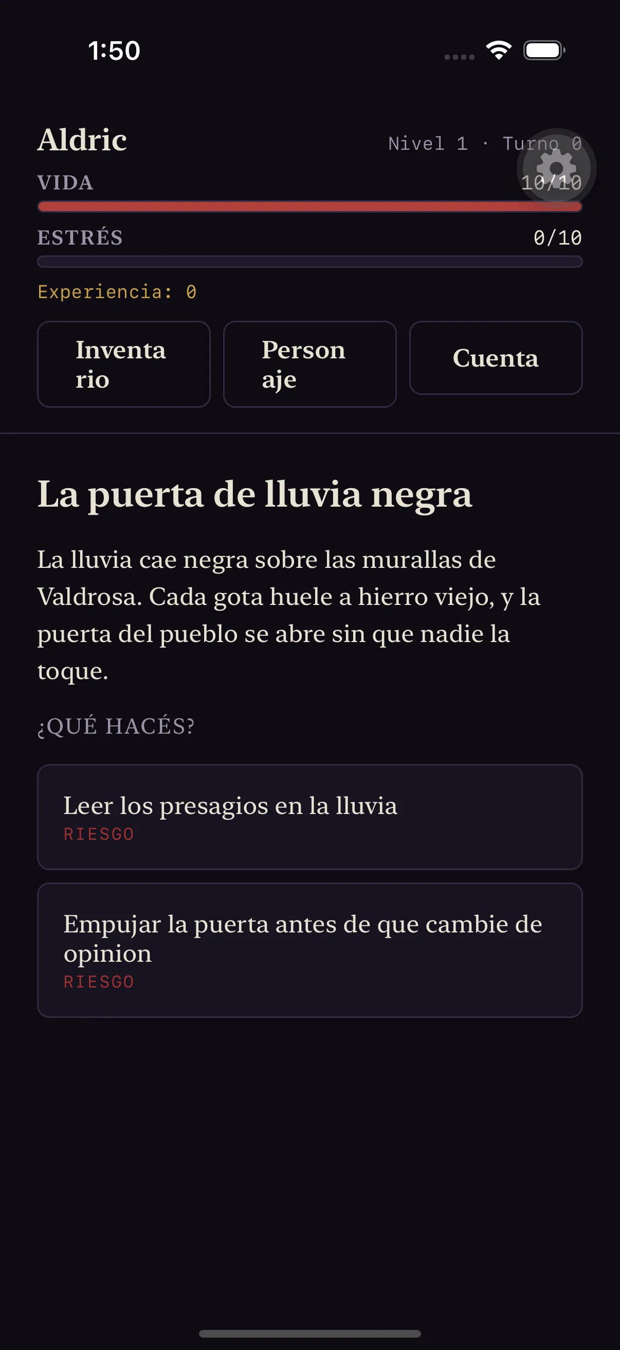 Captura de la app Wyrdvow: pantalla de escena narrativa en tema oscuro, con barras de vida y estrés, el texto de la escena y dos opciones de decisión marcadas como riesgo.